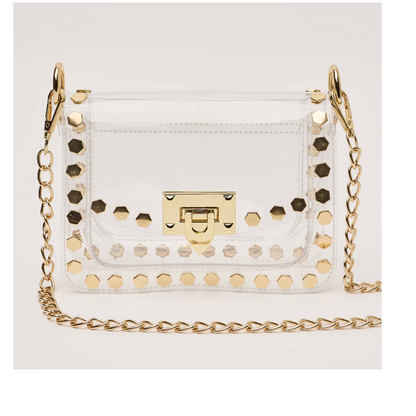 Clear crossbody bag with gold hexagon studs, gold clasp and chain strap