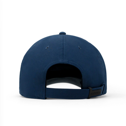 Back of a navy melin baseball cap with an adjustable strap