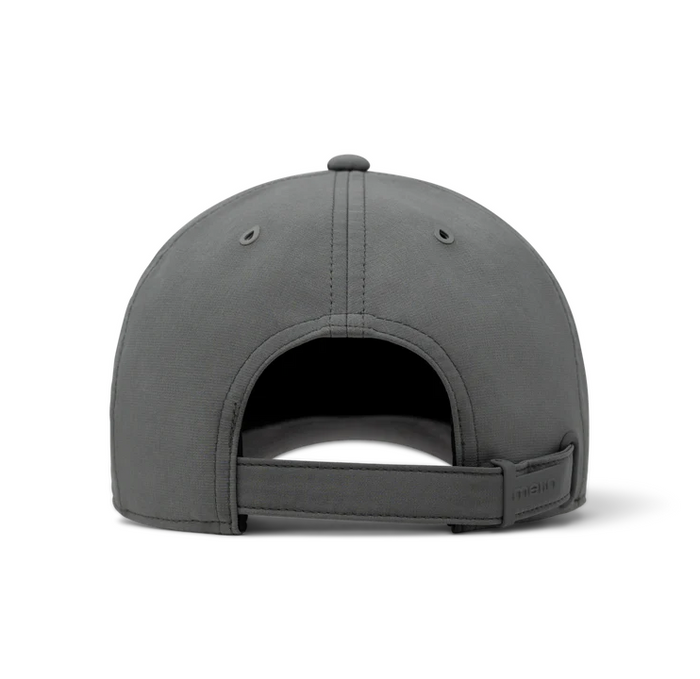 Back of a pewter gray melin cap with an adjustable strap
