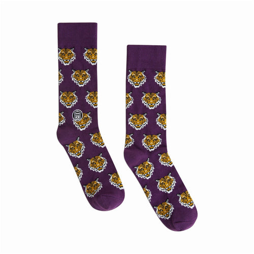 Purple crew socks with a gold tiger face print