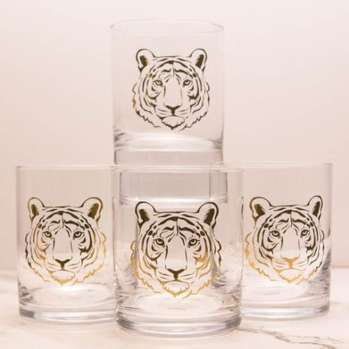 NolaCajun Tiger Rocks Glass Gift Set of 4 Louisiana Tiger Spirit Barware New Orleans