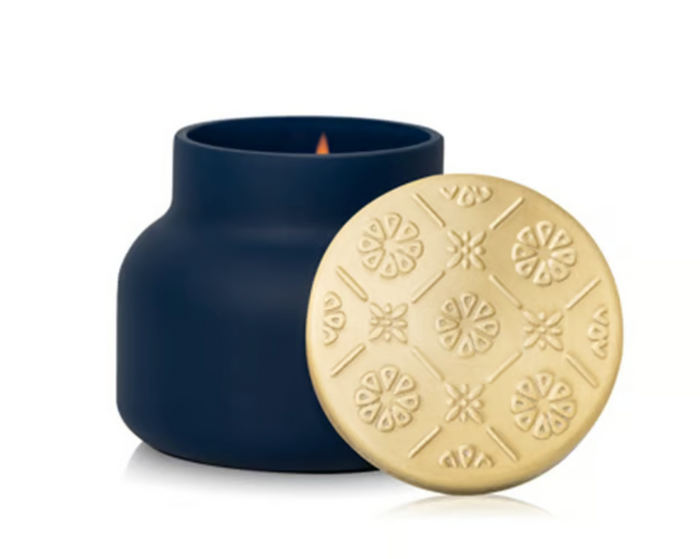 Navy Volcano Terrazzo Velluto 8 oz petite candle with an embossed gold lid