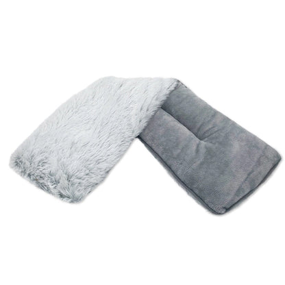 Gray and white faux fur heatable neck wrap