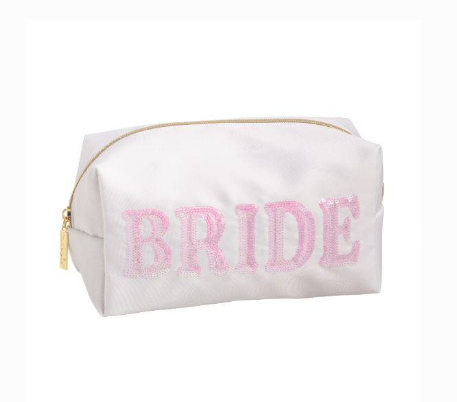 White nylon cosmetic case with BRIDE in pink sequin letters