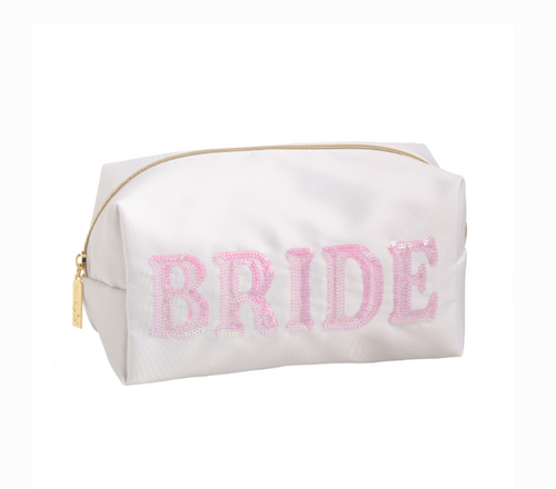 White nylon cosmetic case with BRIDE in pink sequin letters