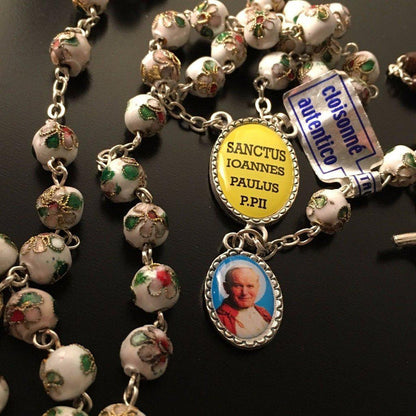 White Cloisonne Rosary - St.John Paul II - JPII- Ex-Indumentis Relic Medal | Catholically