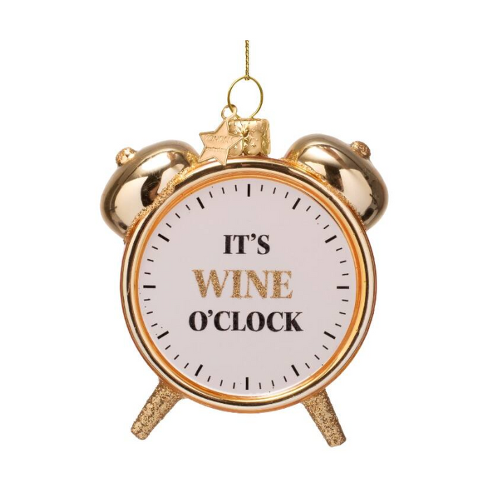 Gold alarm clock Christmas ornament with text reading Its Wine Oclock