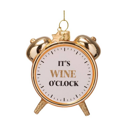 Gold alarm clock Christmas ornament with text reading Its Wine Oclock