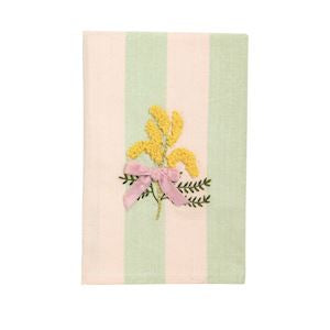 Pink and green striped towel with yellow embroidered flowers